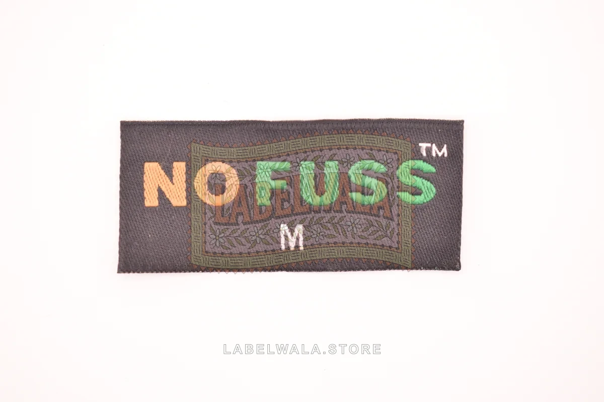 NoFuss woven end fold label, made in Ahmedabad: front view