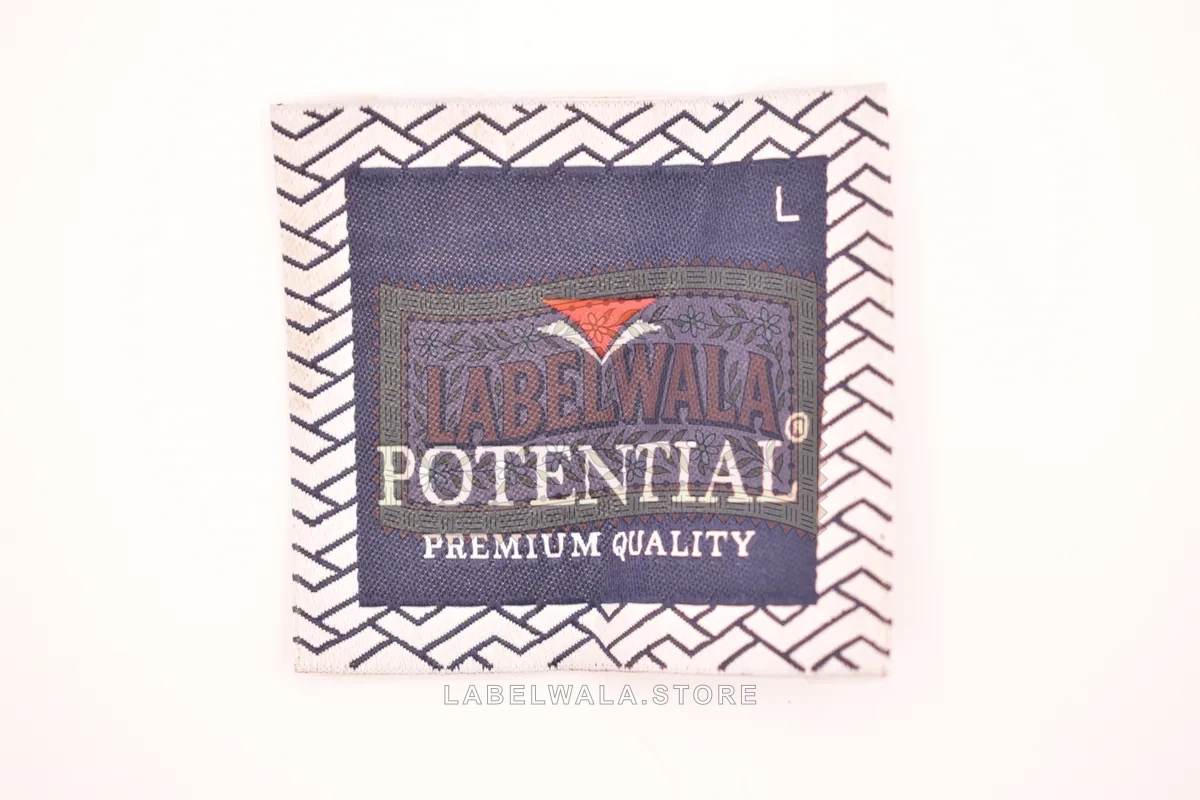 Potential woven end fold label, made in Ahmedabad: front view
