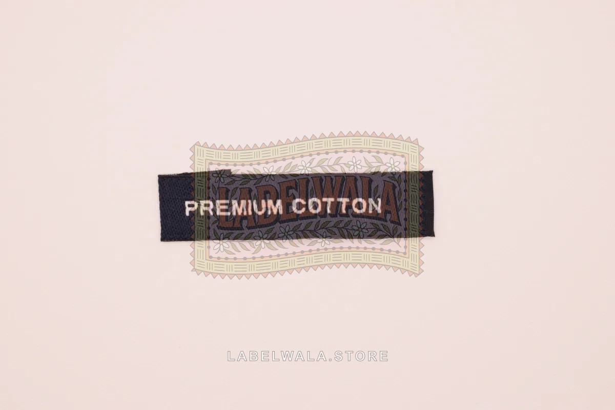 Premium Cotton woven end fold label, made in Ahmedabad: front view