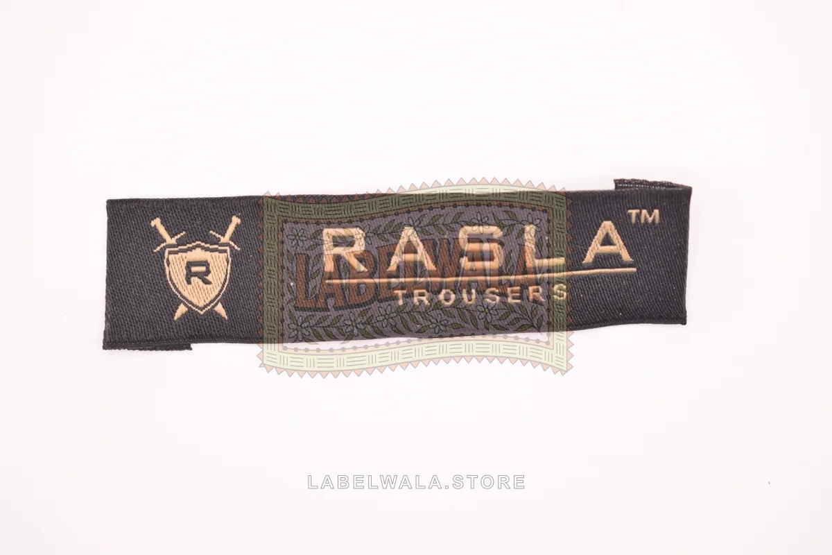 Rasla woven end fold label, made in Ahmedabad: front view