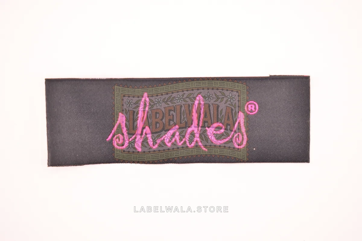 Shades woven end fold label, made in Ahmedabad: front view