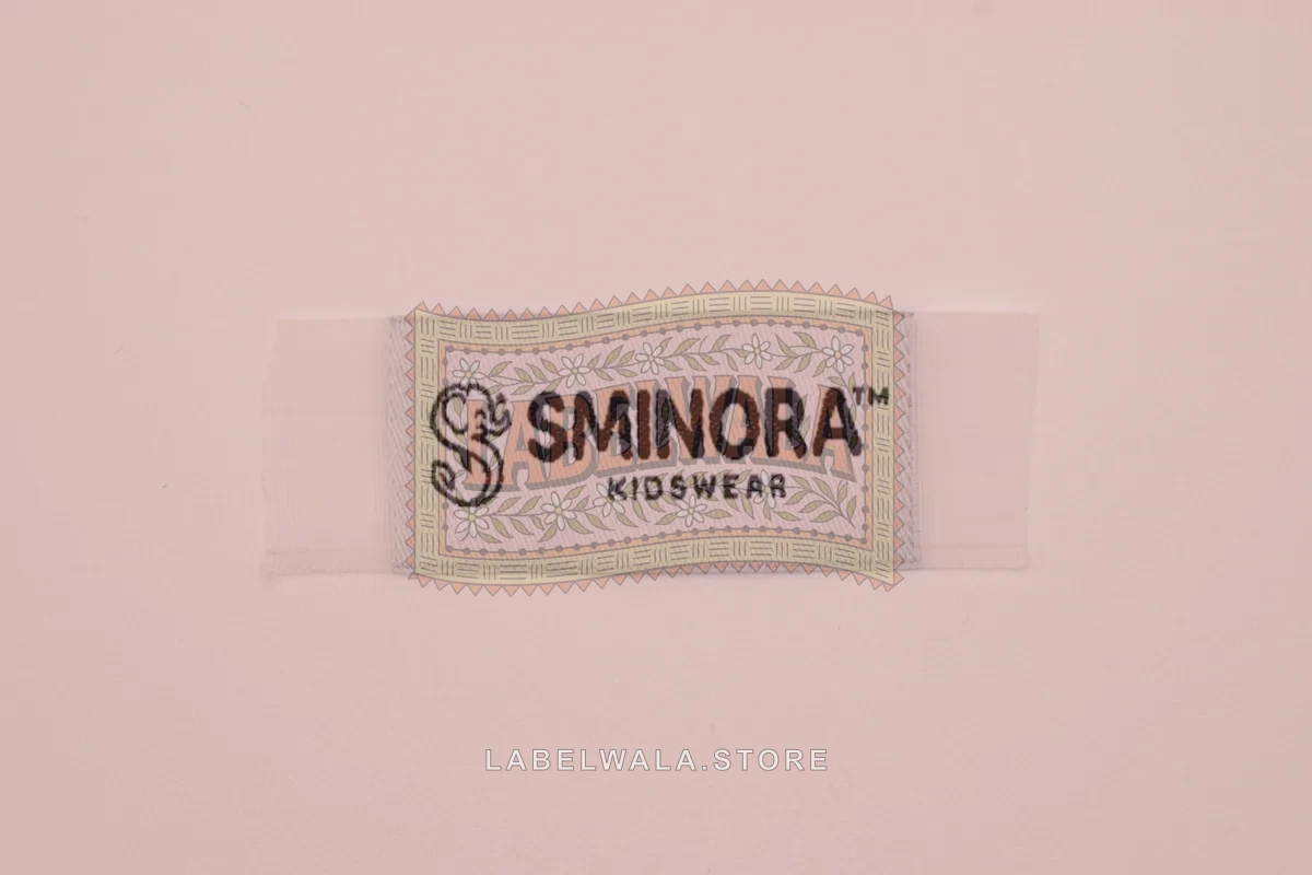 Sminore woven end fold label, made in Ahmedabad: front view