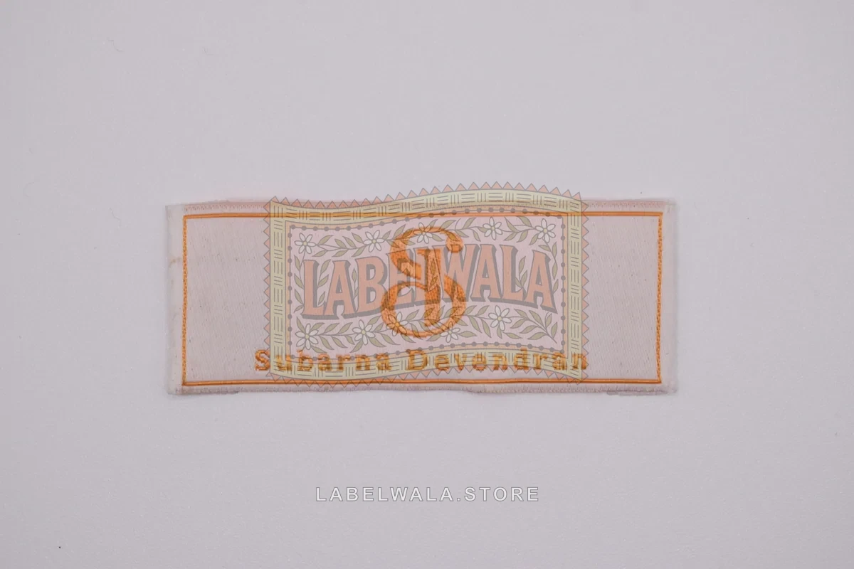 Subarna woven end fold label, made in Ahmedabad: front view