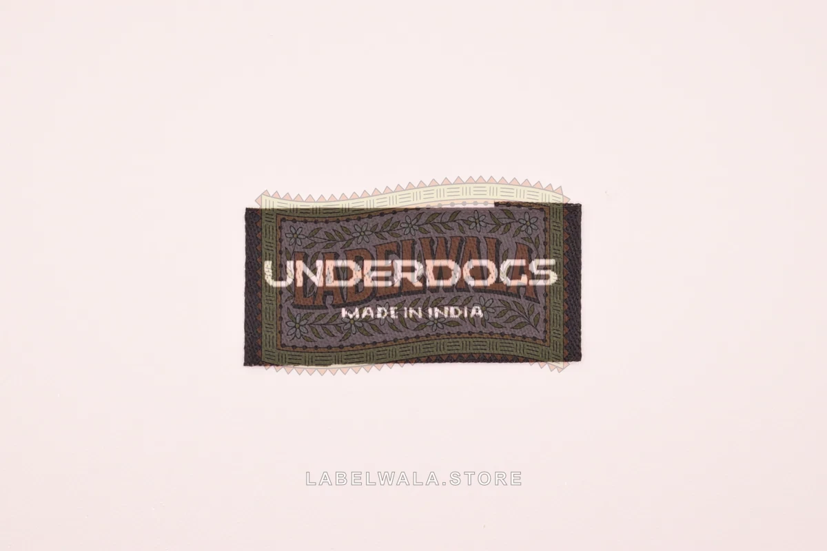 Underdogs woven end fold label, made in Ahmedabad: front view