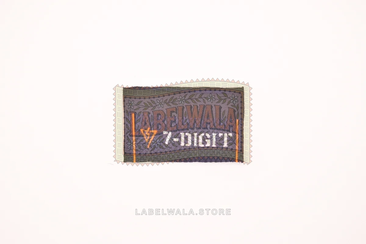 7Digit woven center fold label, made in Ahmedabad: front view