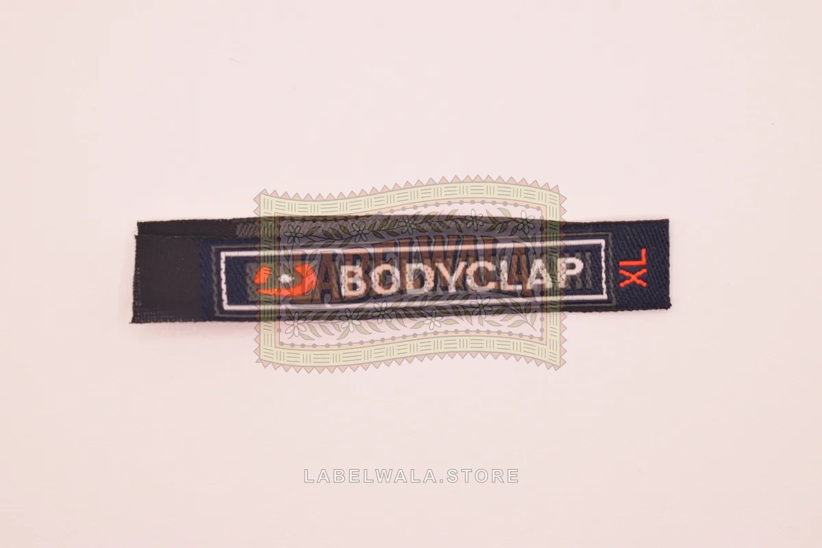 Bodyclap woven center fold label, made in Ahmedabad: front view
