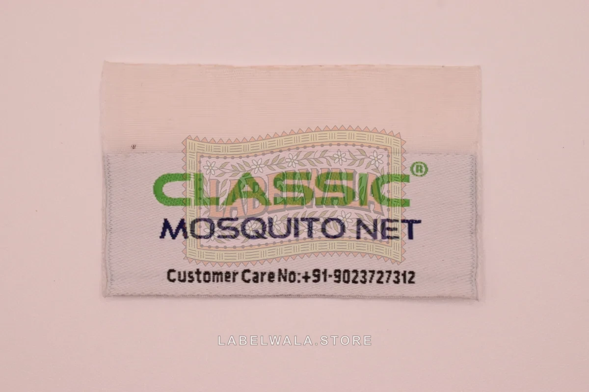 Classic woven center fold label, made in Ahmedabad: front view
