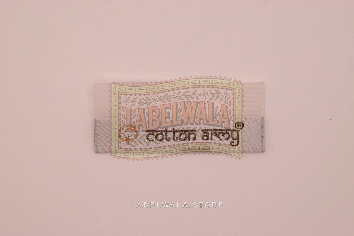 Cotton woven center fold label, made in Ahmedabad: front view