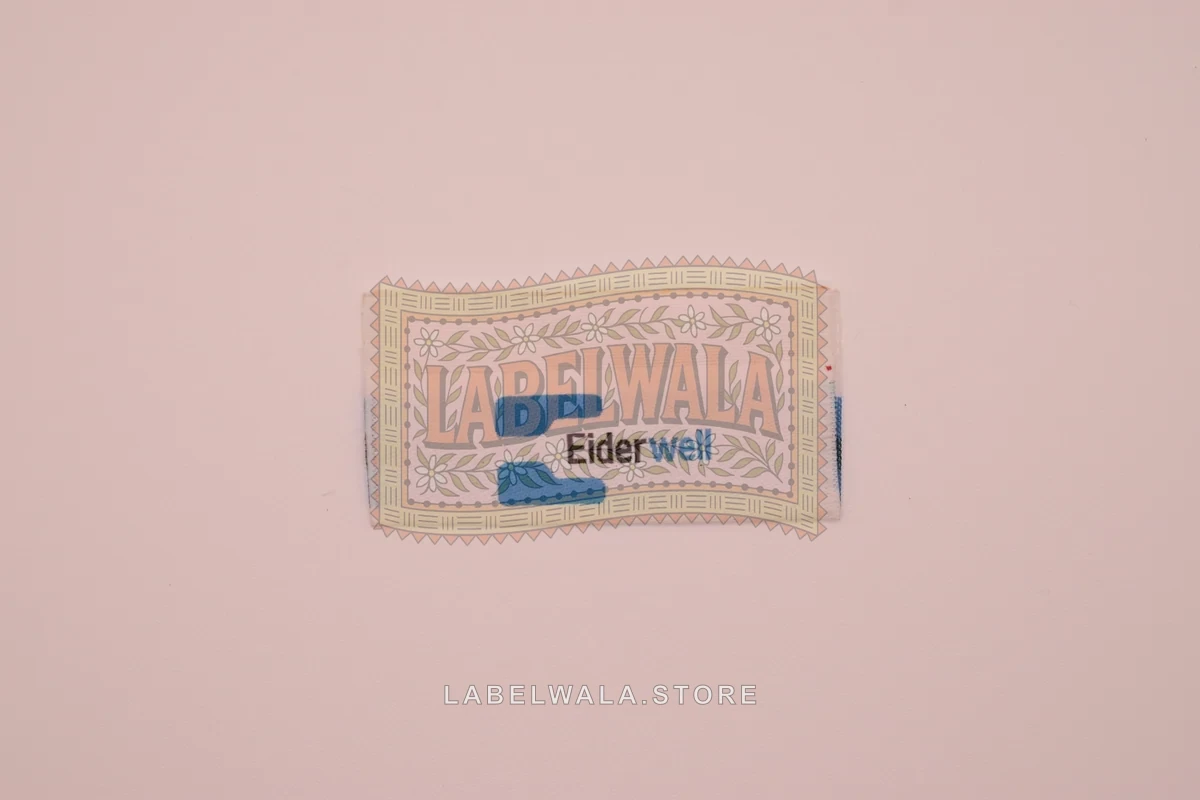 Eider woven center fold label, made in Ahmedabad: front view