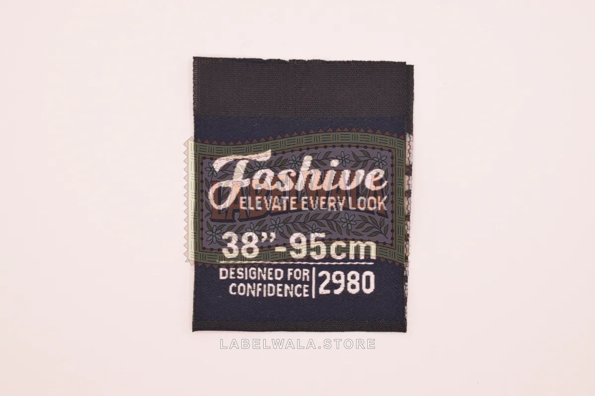 Fashive woven center fold label, made in Ahmedabad: front view