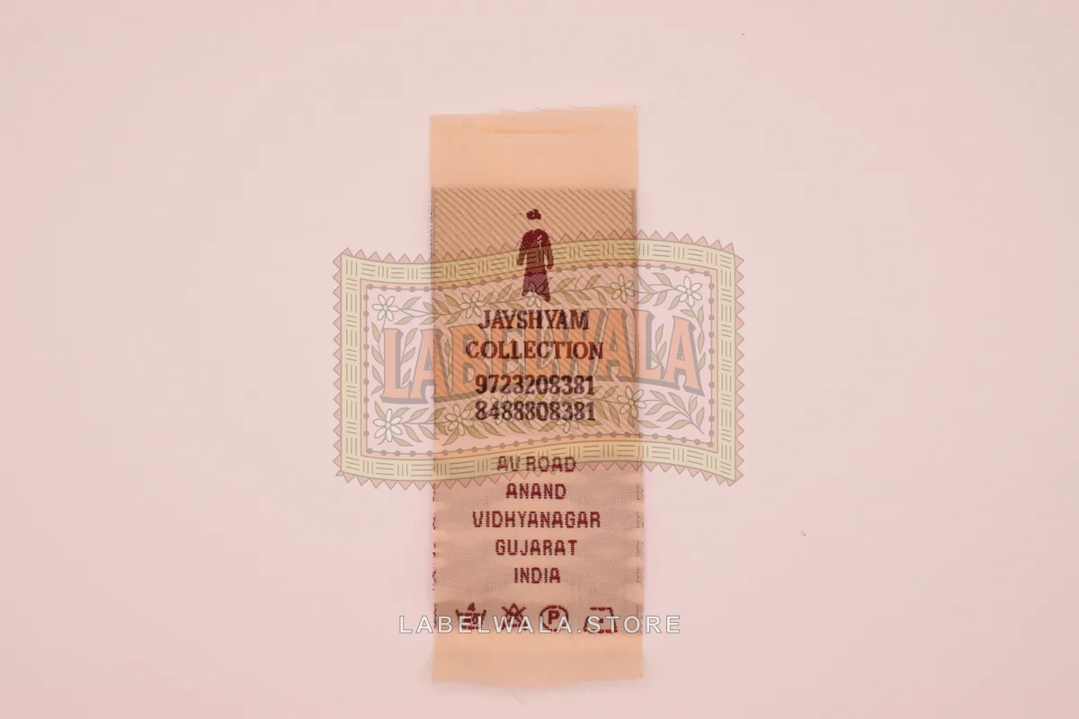Jayshyam woven center fold label, made in Ahmedabad: front view