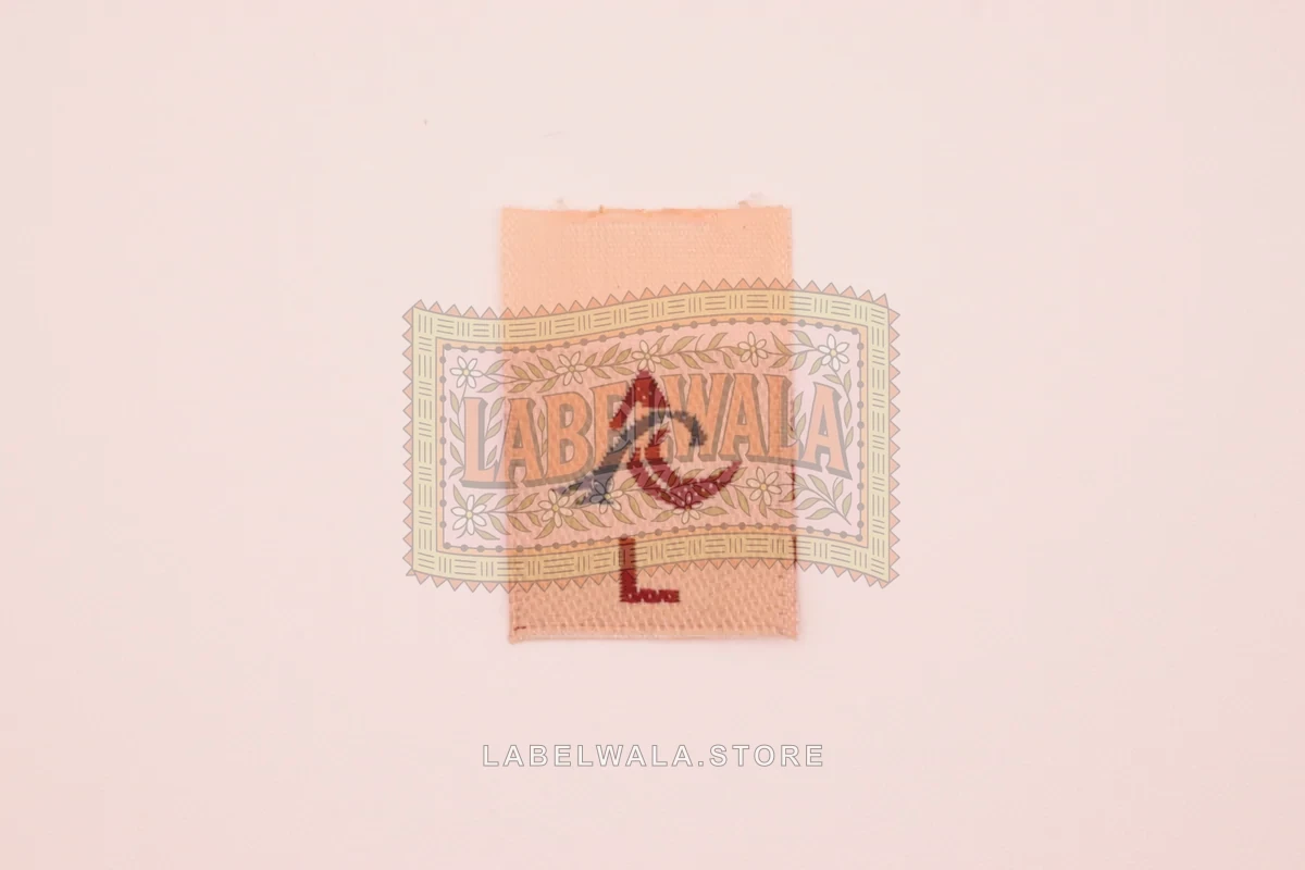 L Size woven center fold label, made in Ahmedabad: front view