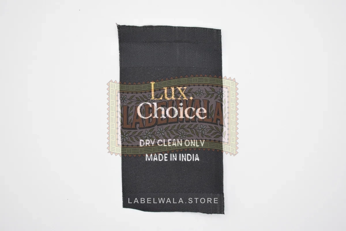 Lux Choice woven center fold label, made in Ahmedabad: front view