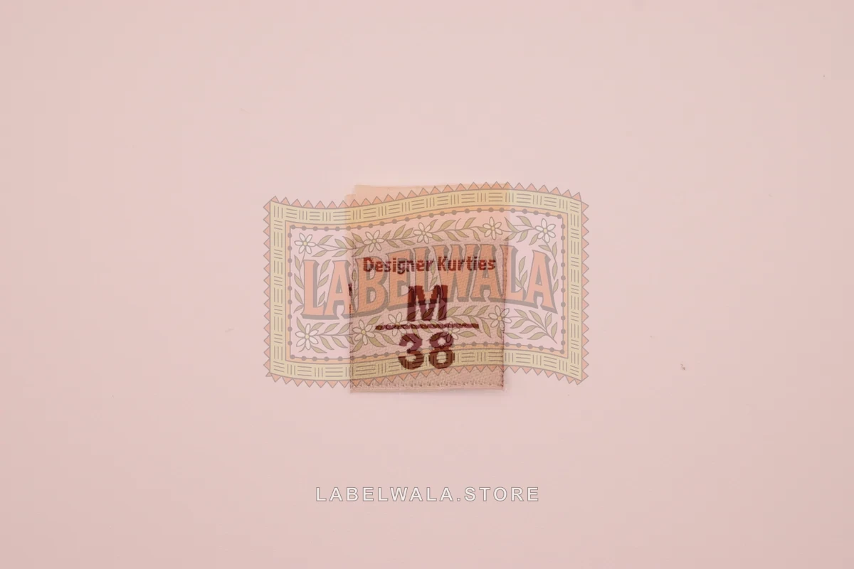 M38 woven center fold label, made in Ahmedabad: front view