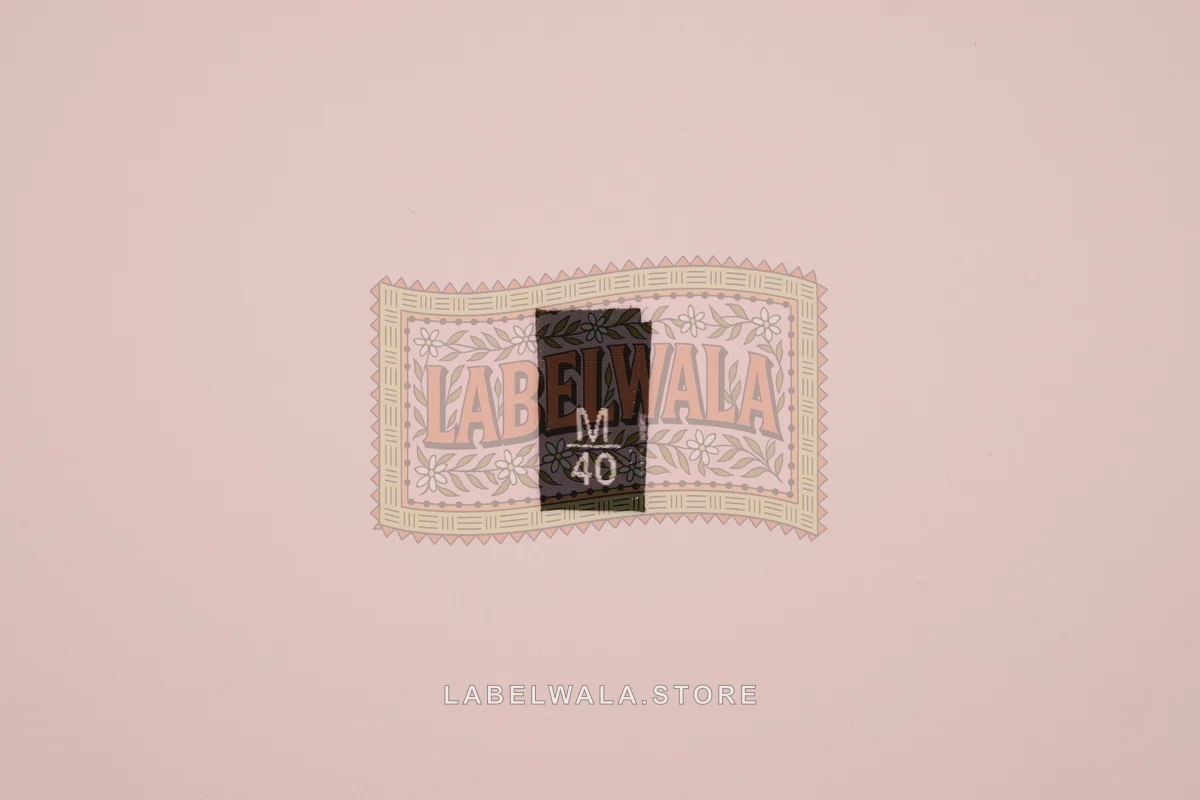 M40 woven center fold label, made in Ahmedabad: front view