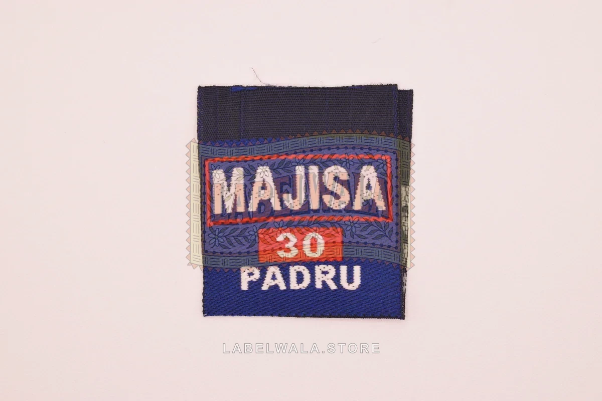 Majisa woven center fold label, made in Ahmedabad: front view