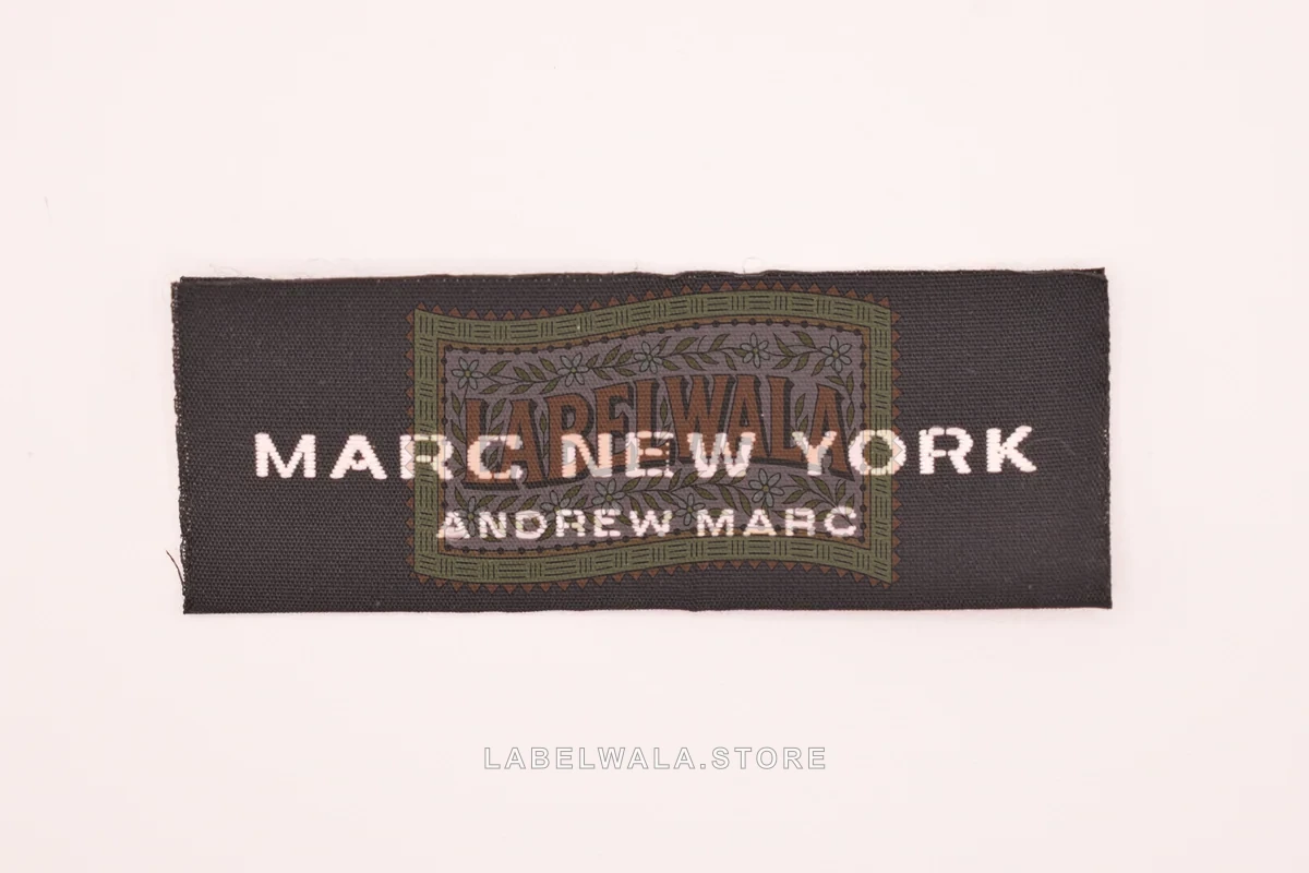 Marc woven center fold label, made in Ahmedabad: front view