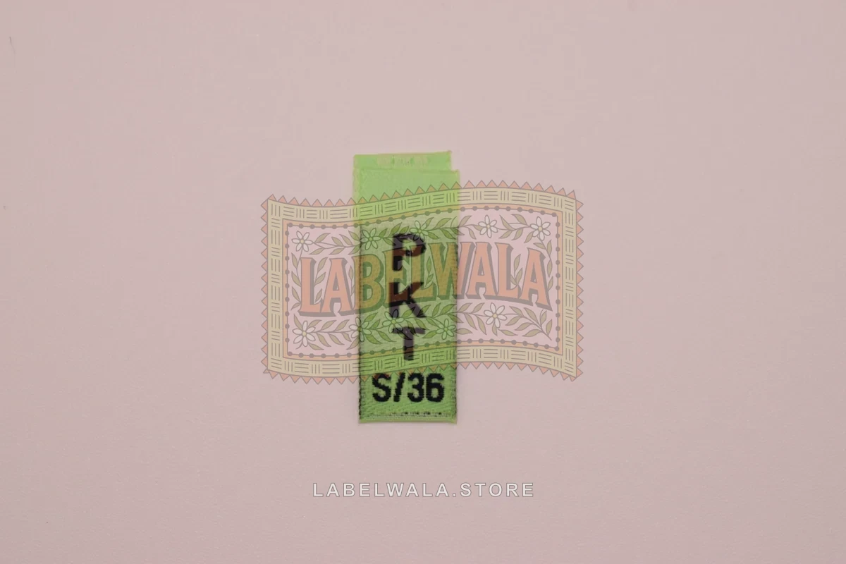 PKT woven center fold label, made in Ahmedabad: front view