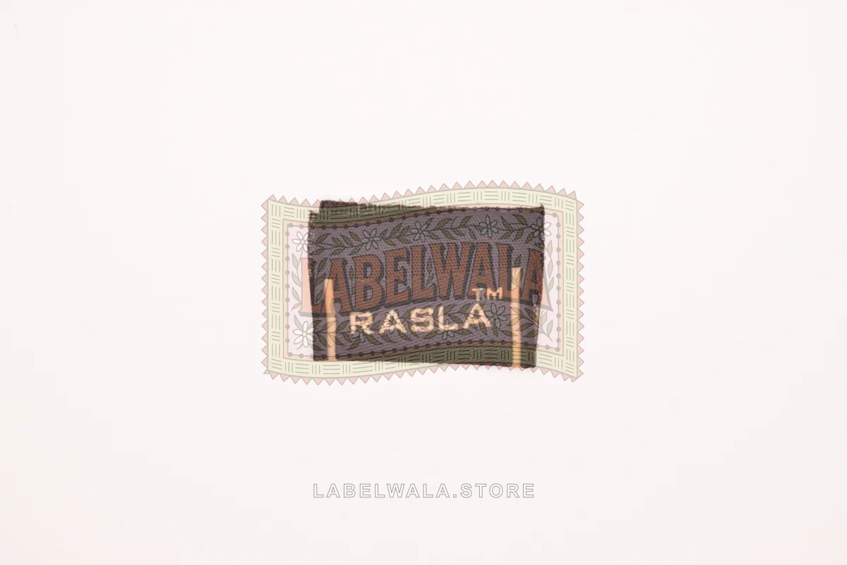 Rasla woven center fold label, made in Ahmedabad: front view