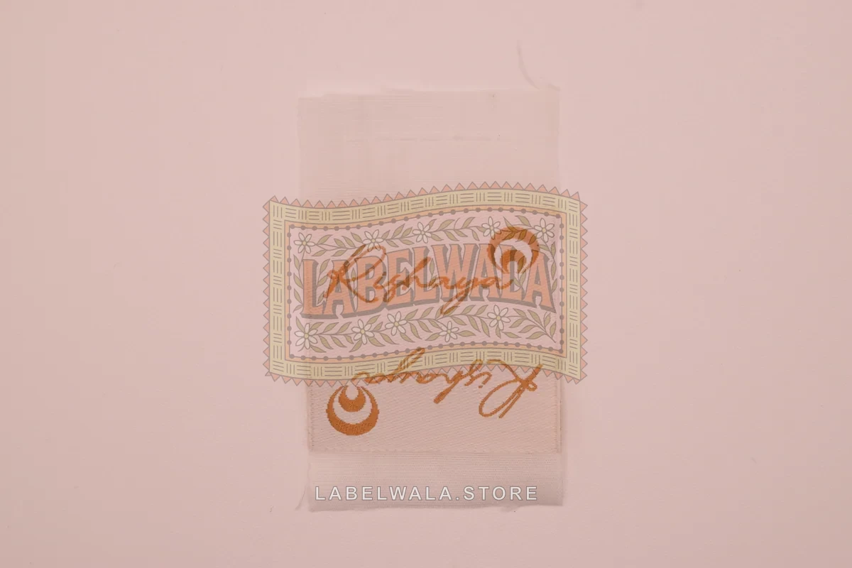 Rishaya woven center fold label, made in Ahmedabad: front view