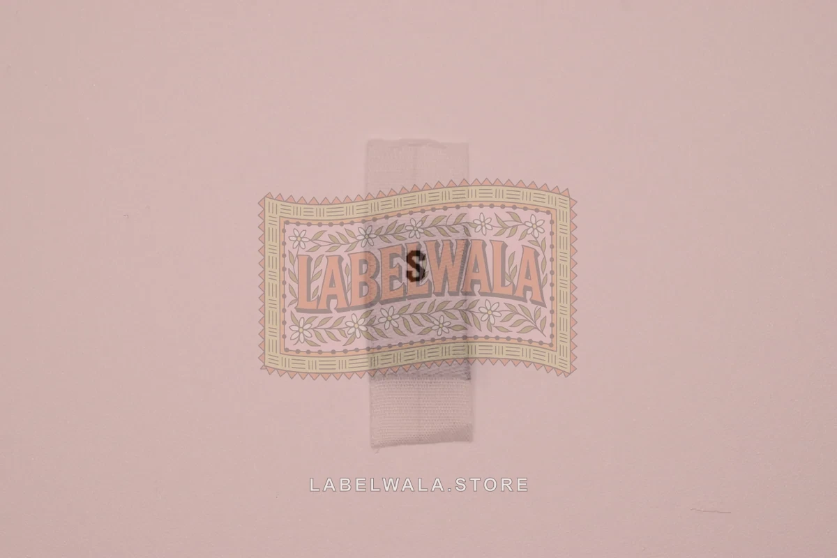 S Size woven center fold label, made in Ahmedabad: front view