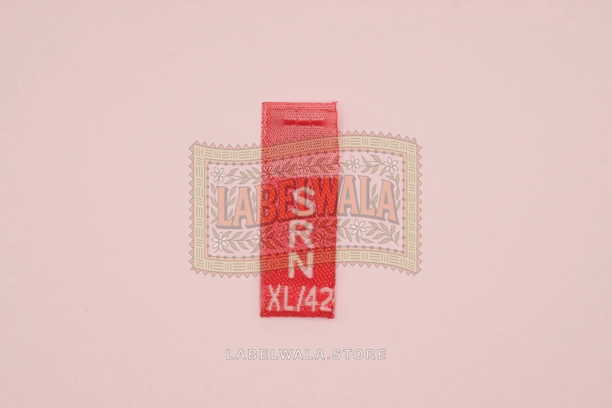 SRN woven center fold label, made in Ahmedabad: front view