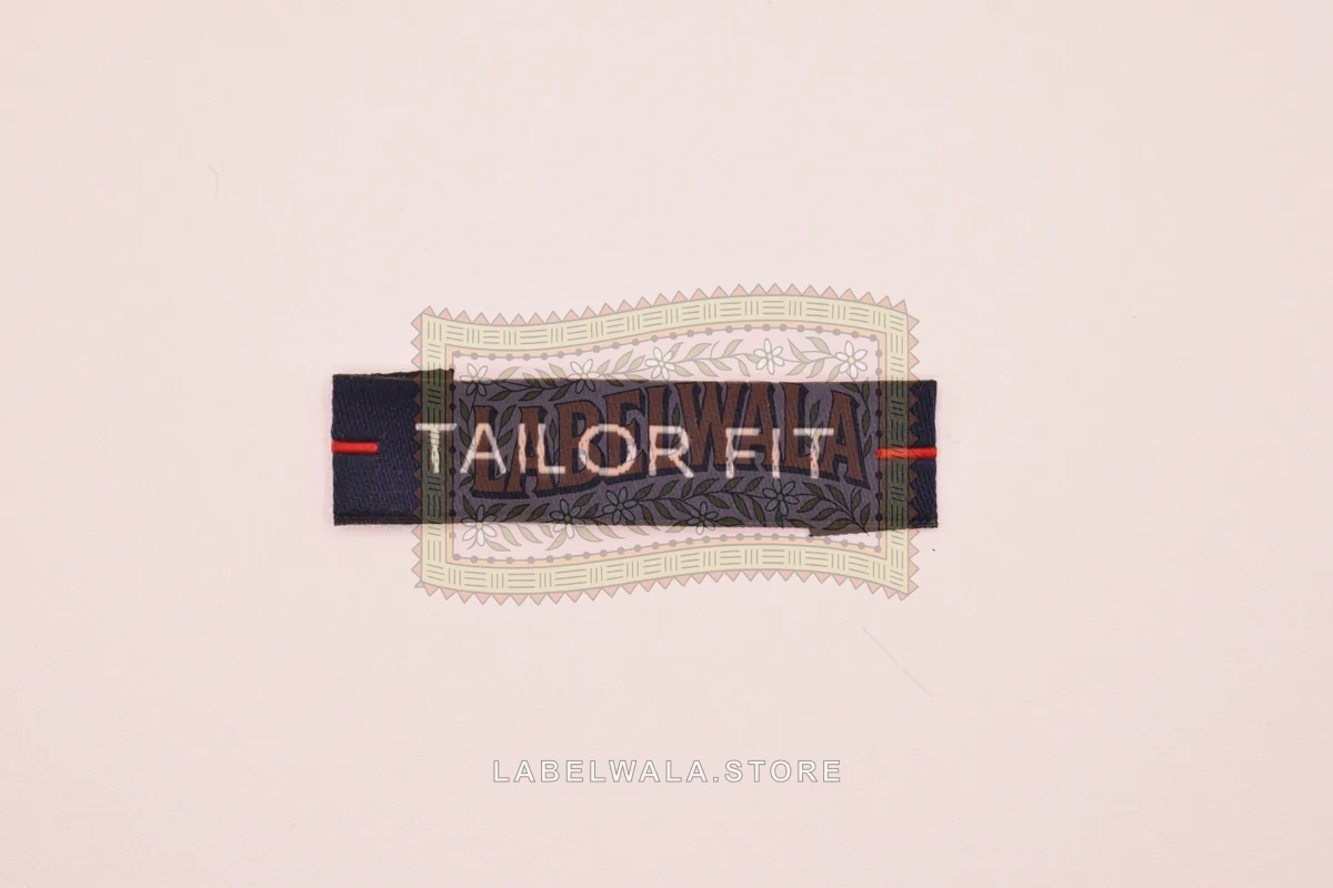 Tailorfit woven center fold label, made in Ahmedabad: front view