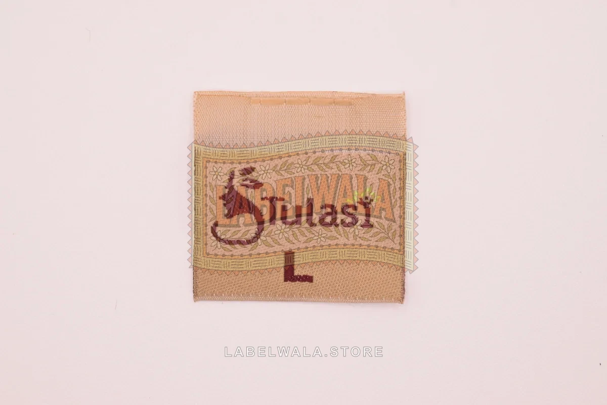 Tulasi woven center fold label, made in Ahmedabad: front view