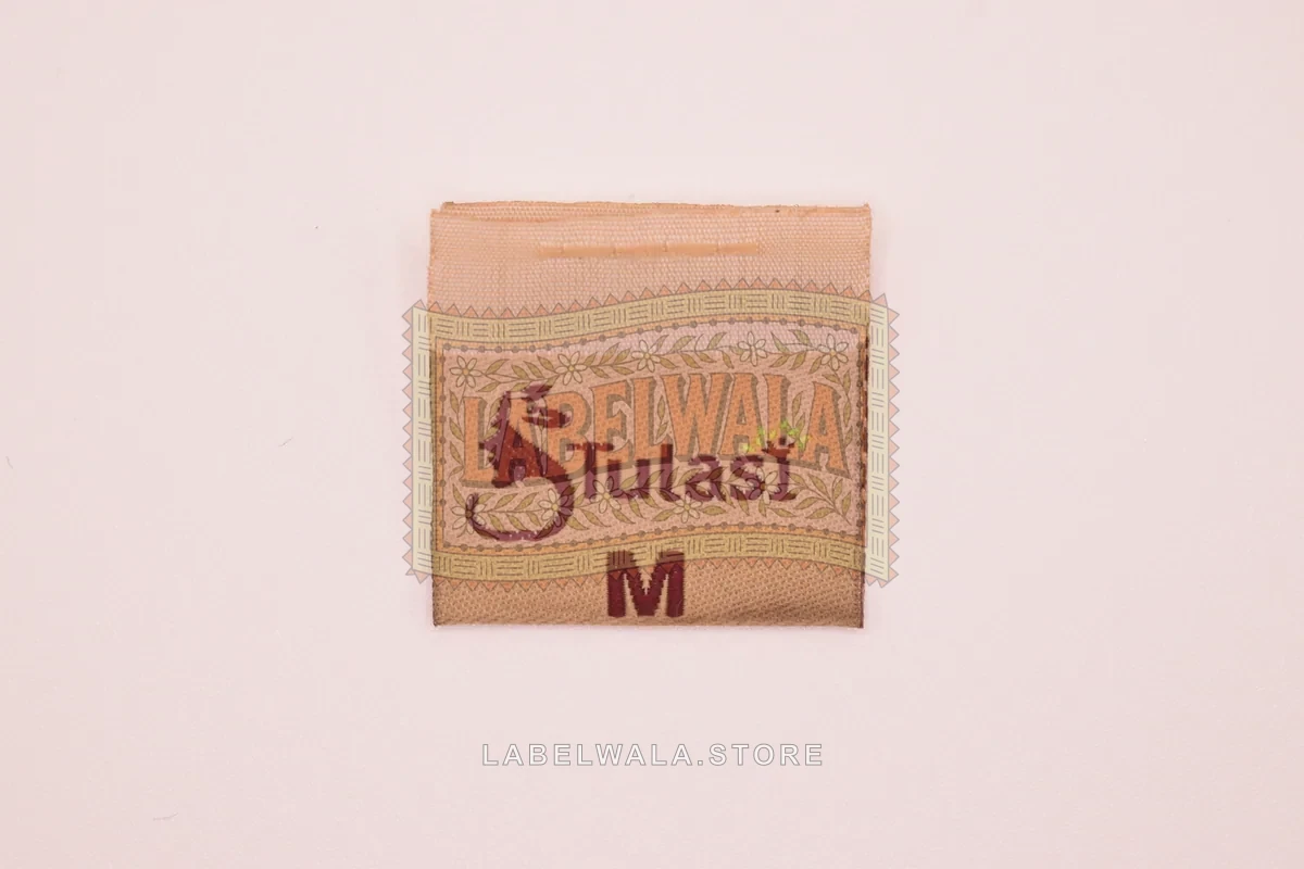 TulsiM woven center fold label, made in Ahmedabad: front view