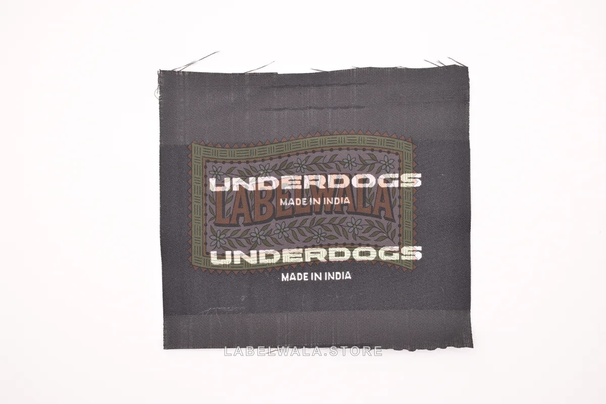 Underdogs woven center fold label, made in Ahmedabad: front view