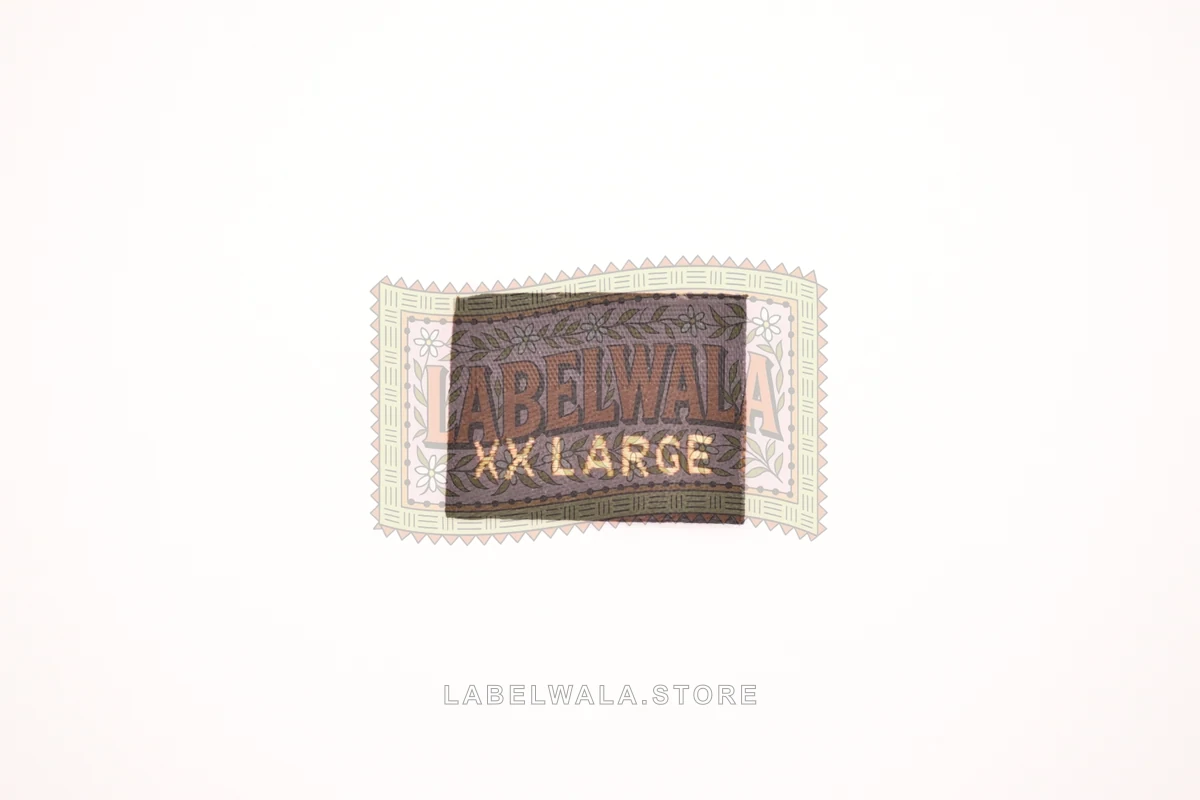 XXLarge woven center fold label, made in Ahmedabad: front view