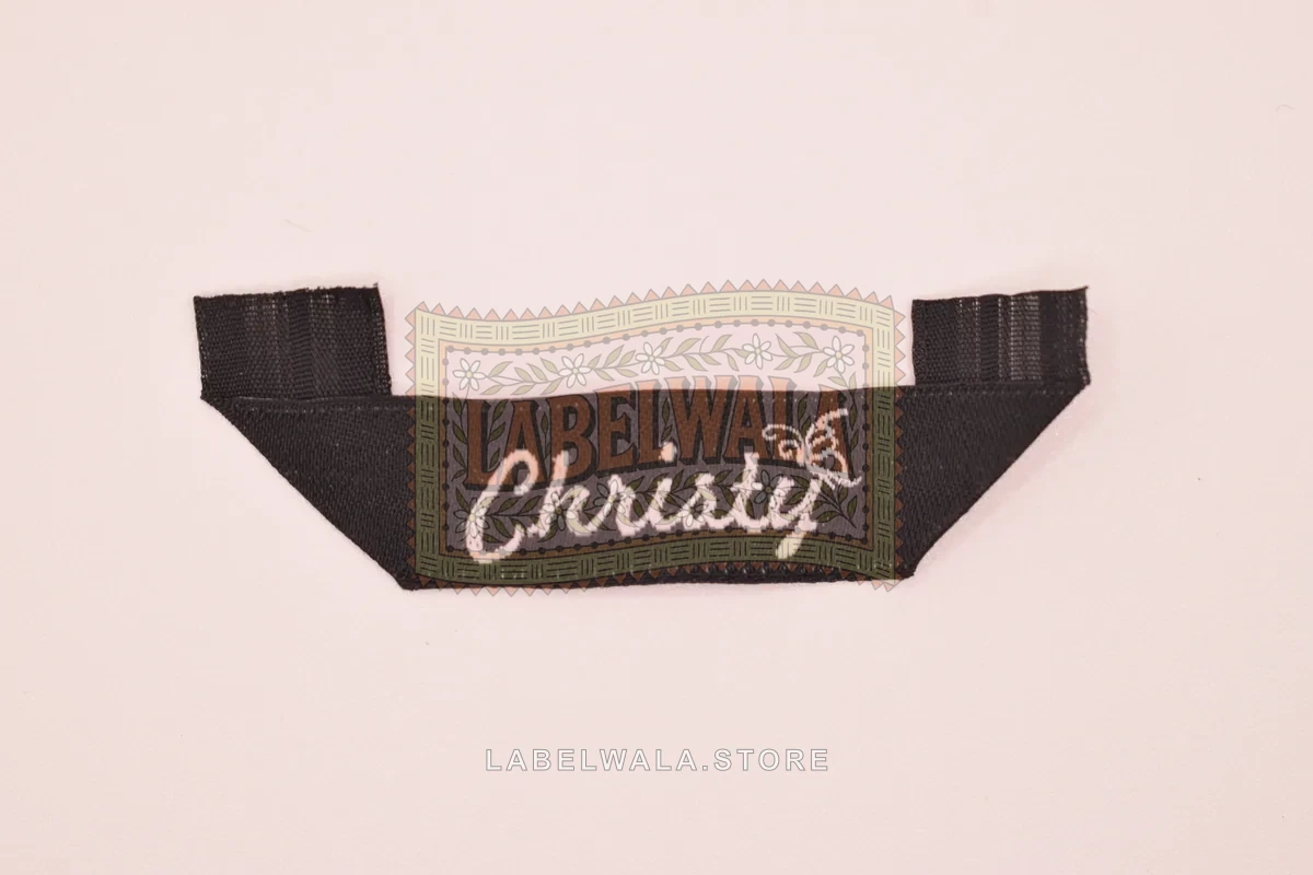 Christy woven hanger loop label, made in Ahmedabad: front view
