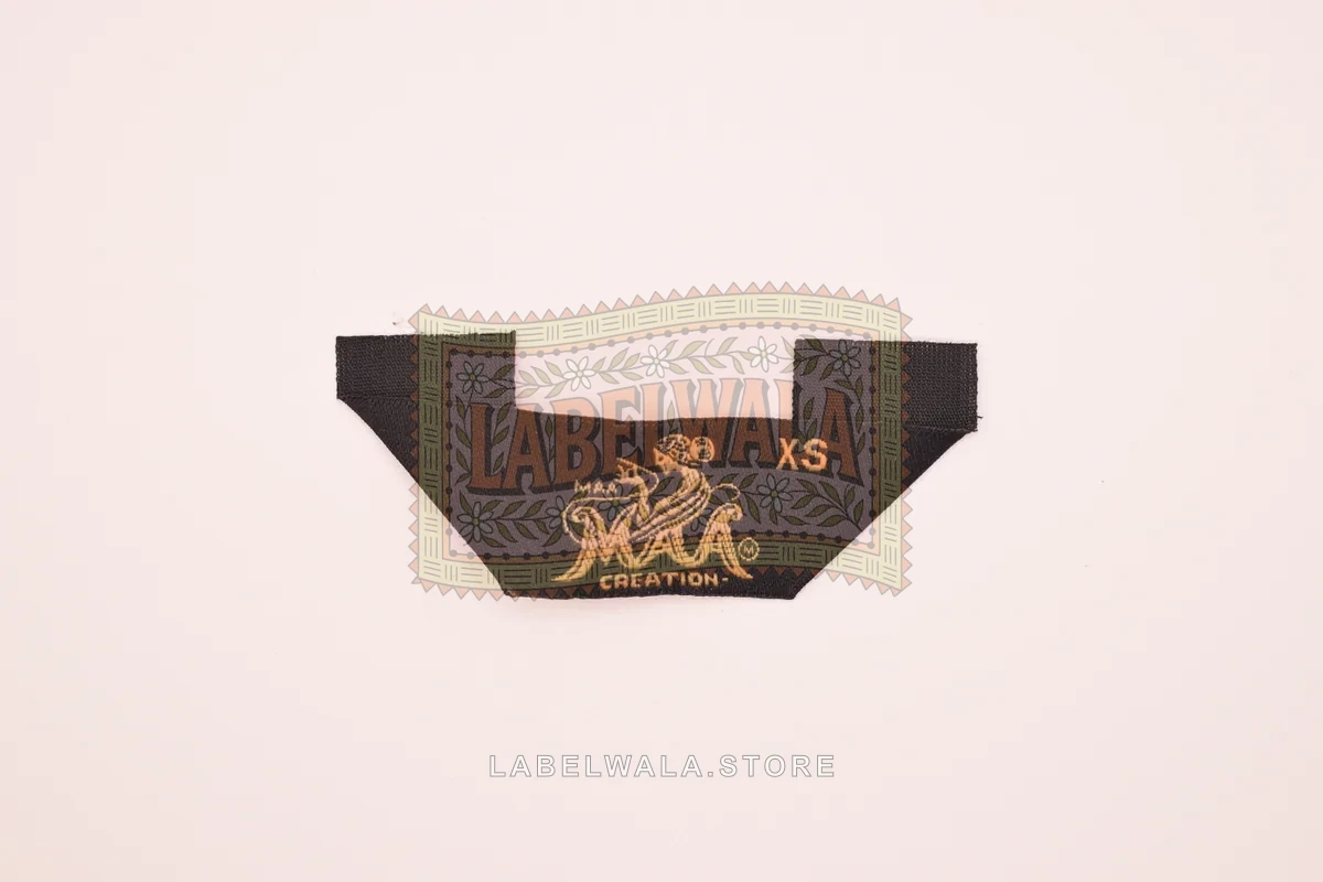 Maa woven hanger loop label, made in Ahmedabad: front view
