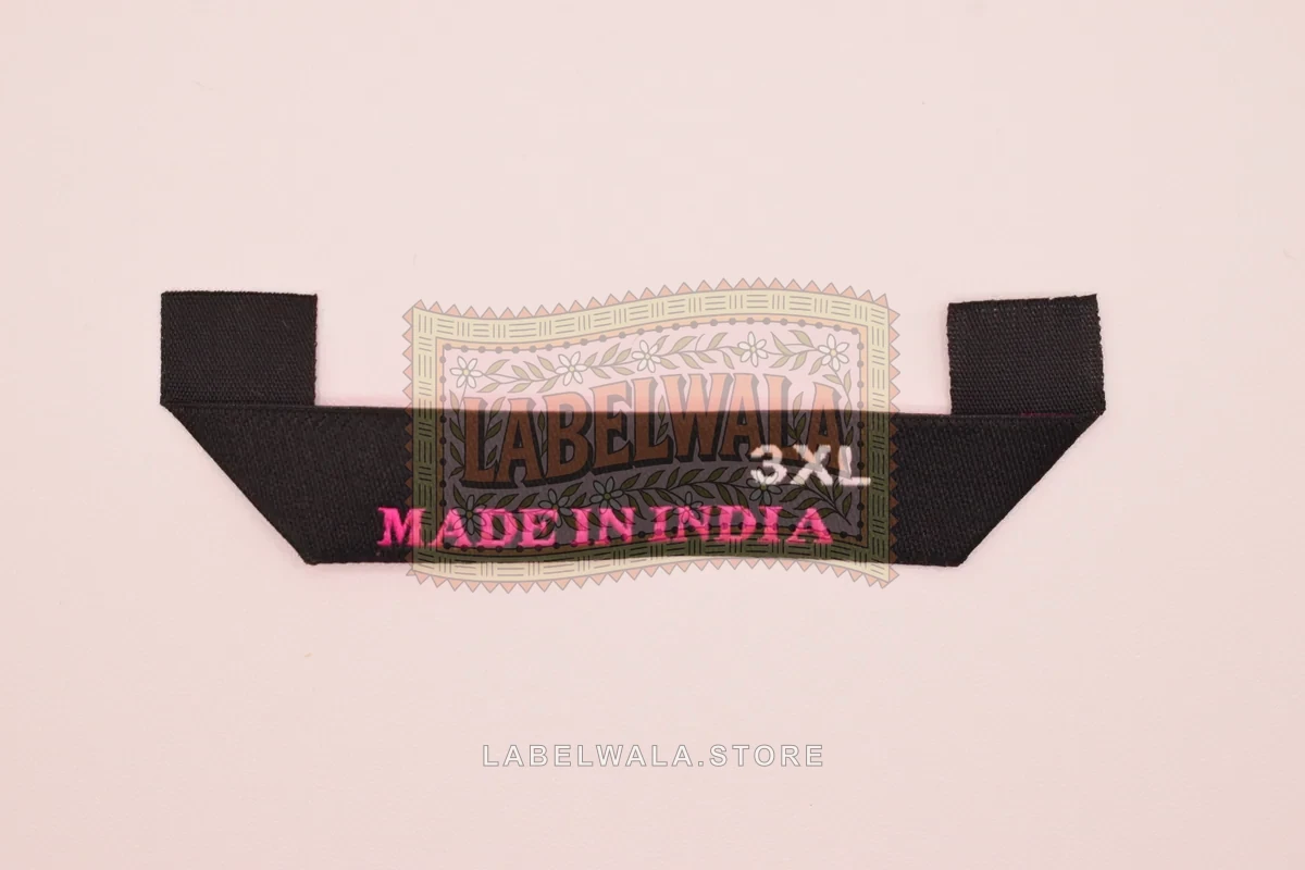 Madeinindia woven hanger loop label, made in Ahmedabad: front view