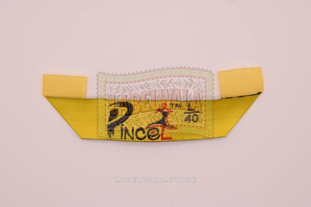 Prince woven hanger loop label, made in Ahmedabad: front view