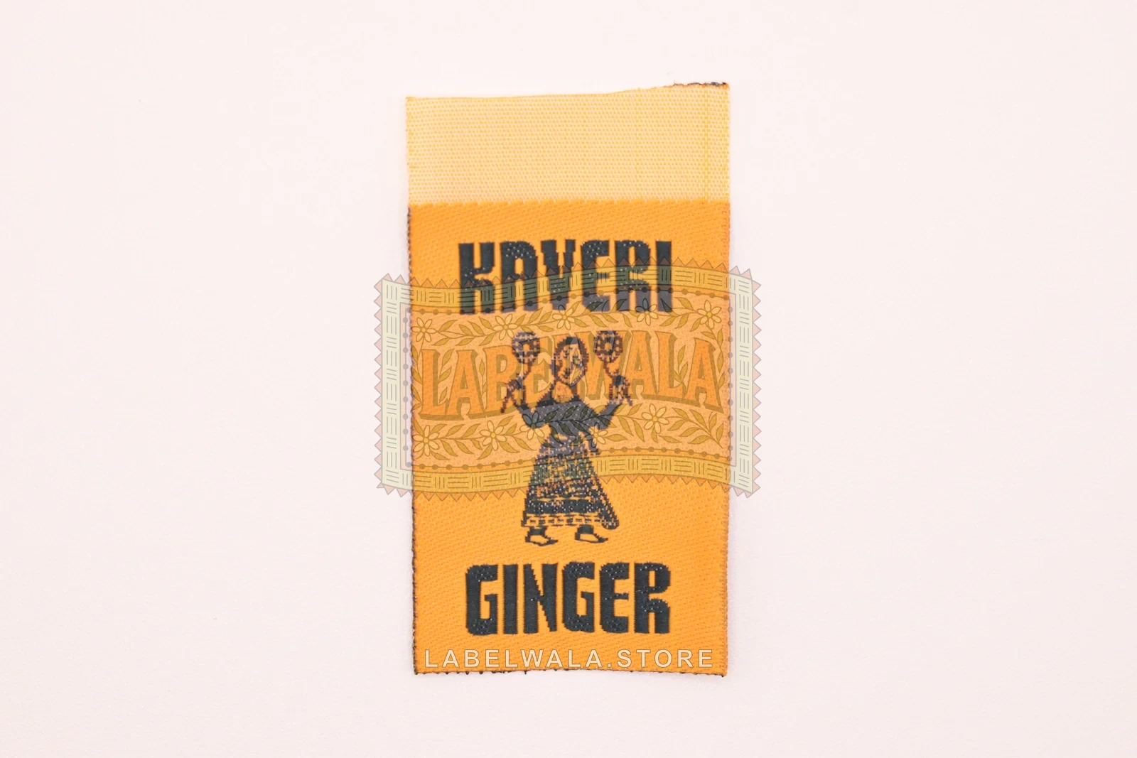 Kaveri woven center fold label, made in Ahmedabad: front view