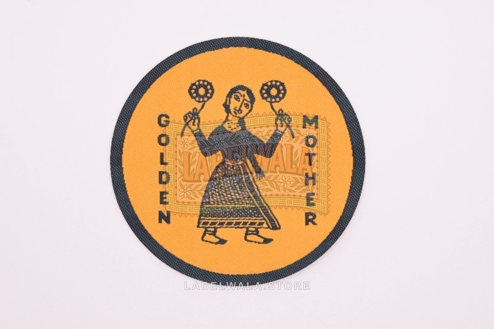 Kaveri woven die cut label, made in Ahmedabad: front view