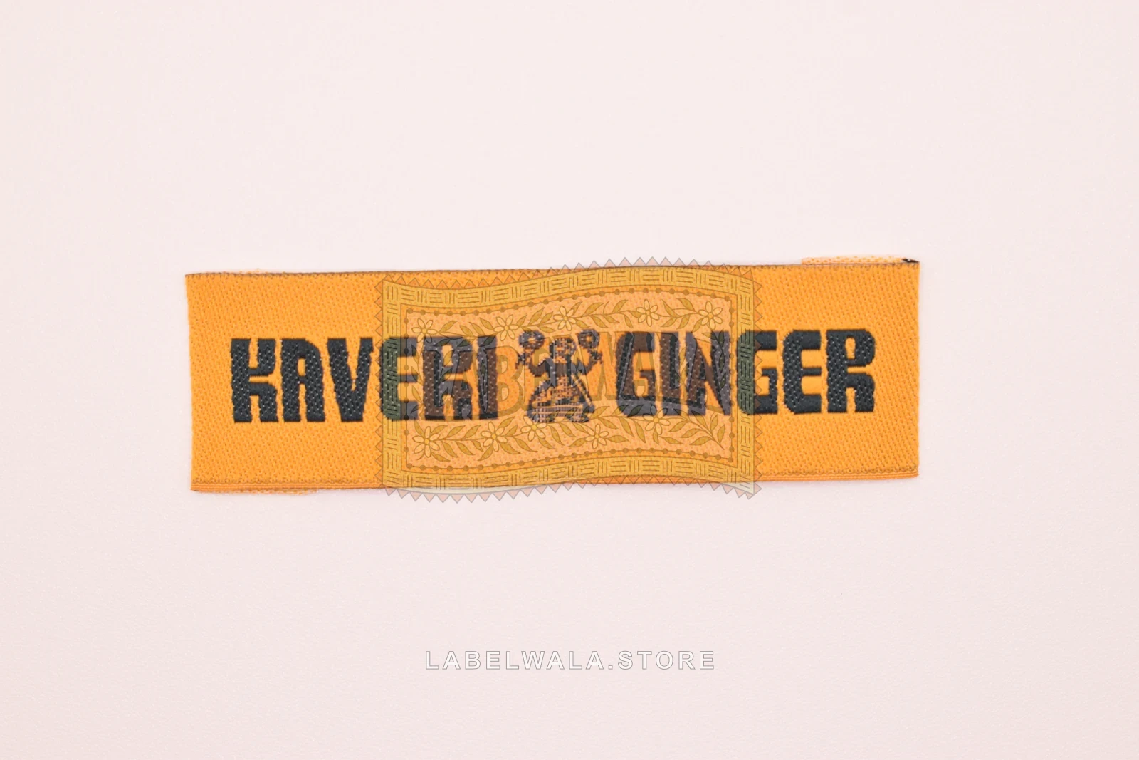 Kaveri woven end fold label, made in Ahmedabad: front view