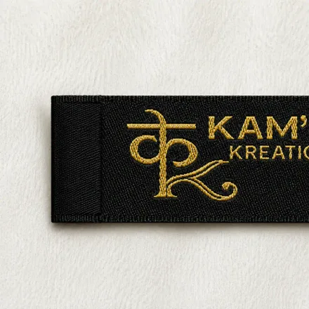 Kam's Kreation black woven brand label with gold script monogram and sans-serif wordmark, premium woven clothing label sample