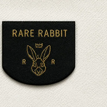 Rare Rabbit black woven brand patch with gold rabbit-head emblem, crown and R · R crest letters, boutique fashion woven label sample