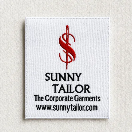 Sunny Tailor white woven brand label with red dollar-sign monogram, brand name, The Corporate Garments tagline and website URL, tailoring brand woven label sample