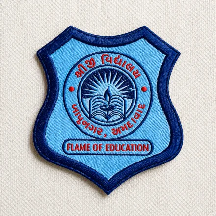 Shree Vidyalaya light-blue embroidered school crest patch with sun, lamp and open-book emblem and Flame of Education banner in Gujarati and English, school uniform embroidered patch sample