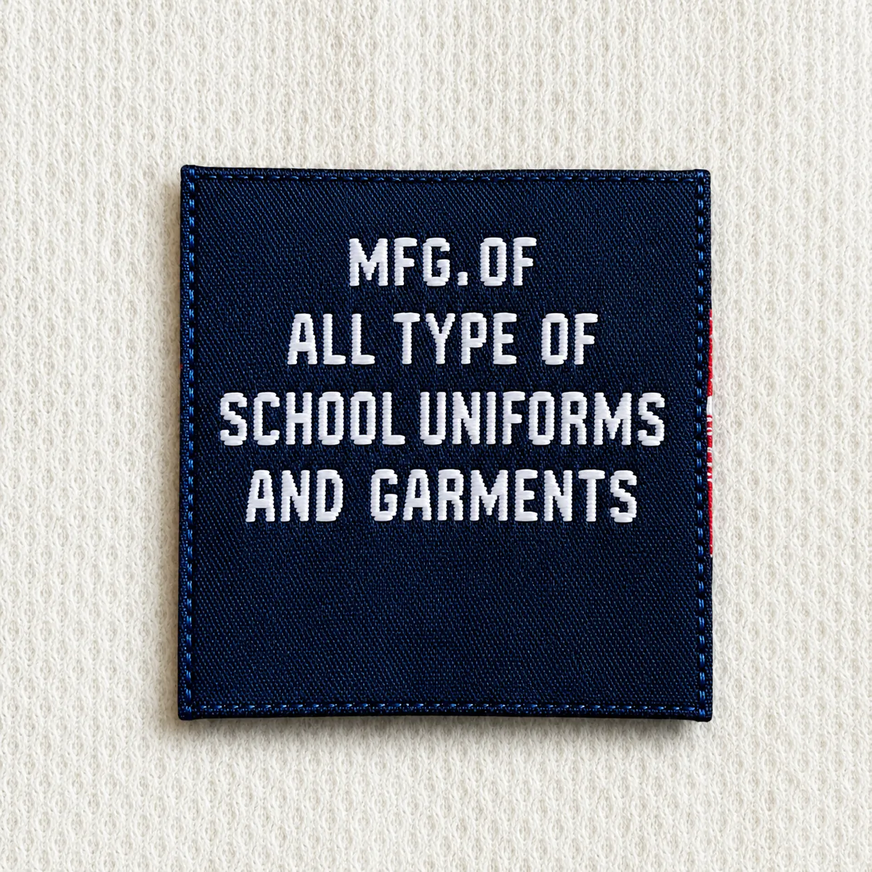 Navy woven brand patch with white block-letter MFG. of all type of school uniforms and garments wordmark — school uniform manufacturer brand patch sample
