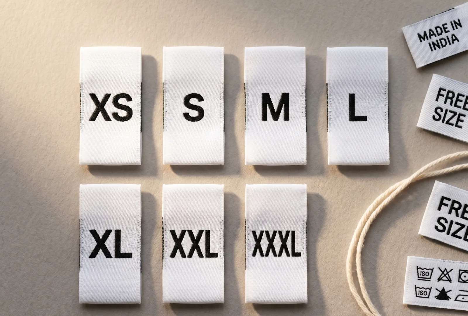 Stack of ready-stock white satin size labels — XS, S, M, L, XL, XXL, XXXL — alongside Made in India, Free Size and care-symbol labels — example of pre-made size labels for small-batch fashion brands in India