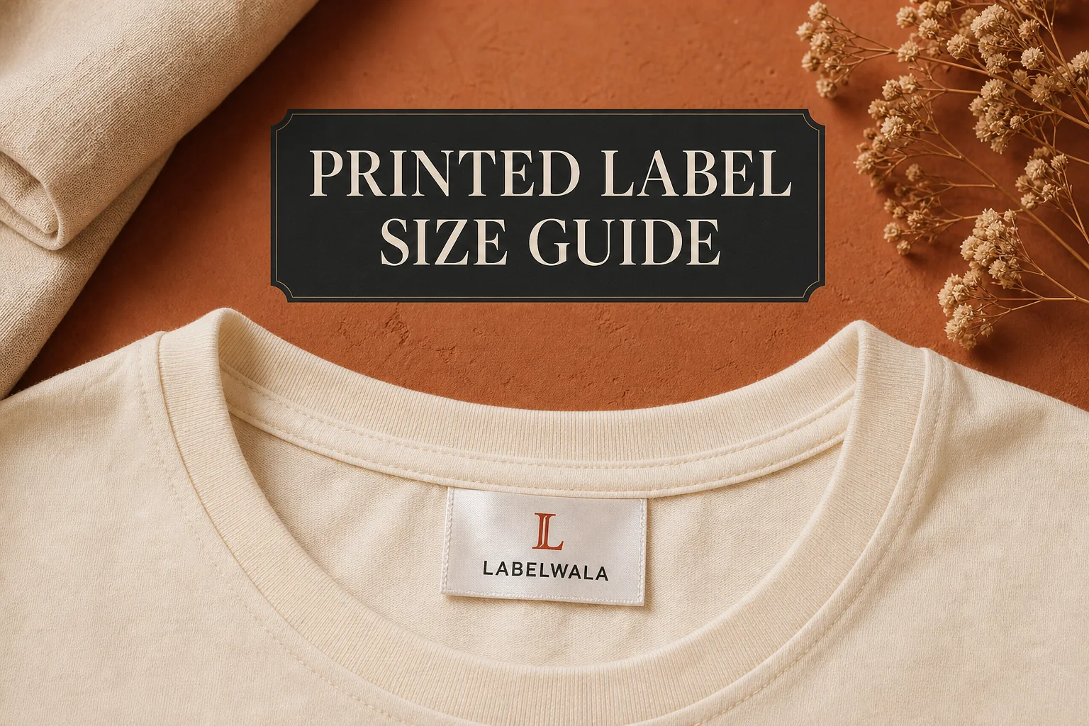 Printed satin neck label on a cream T-shirt
