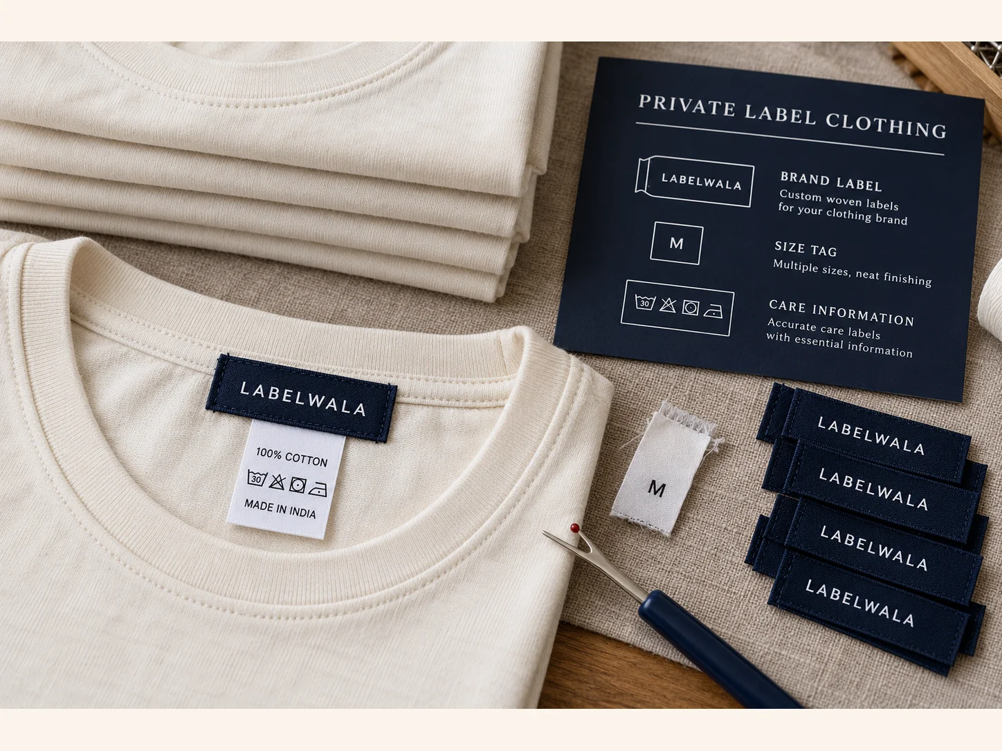 Stack of cream shirts with a new Labelwala neck tag, care label, replacement brand labels and a seam ripper.