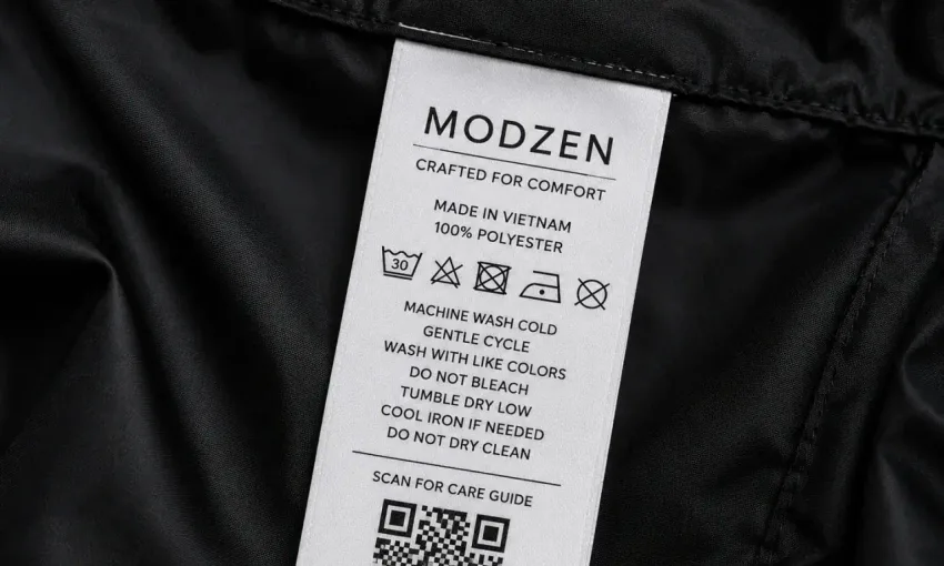 Taffeta wash-care label with QR code for digital care instructions