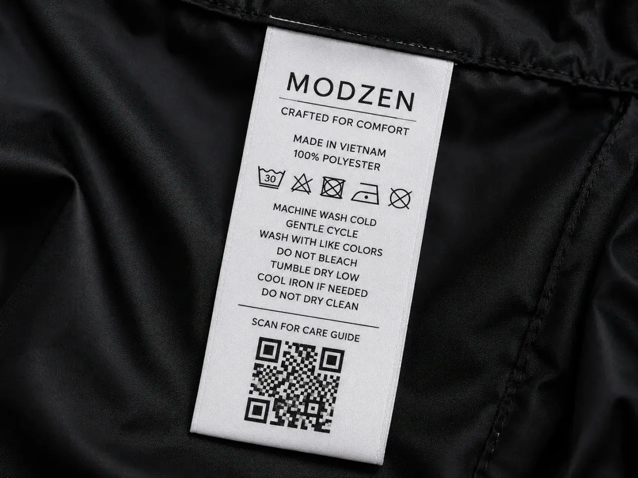 Taffeta wash-care label with QR code for digital care instructions