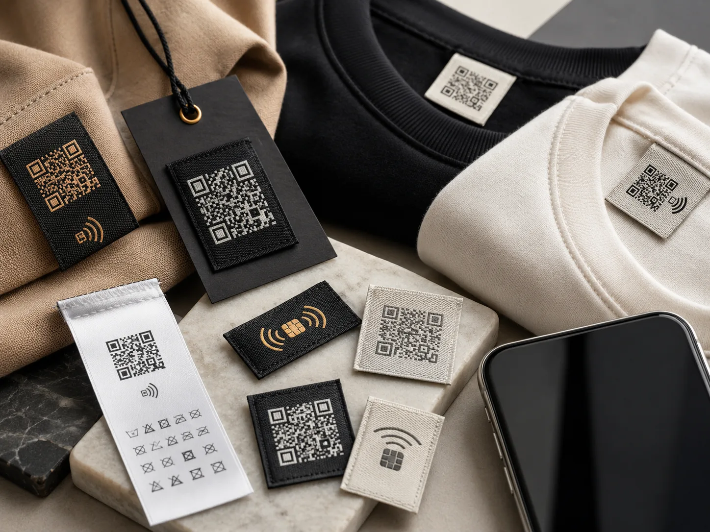 A garment label with a woven QR code and an embedded NFC tag being scanned by a smartphone — a smart connected clothing label