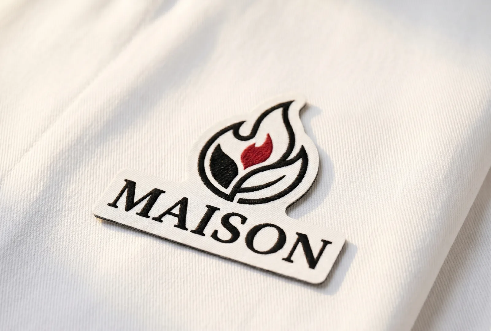 Embroidered Maison brand patch with flame emblem stitched onto a cream chef-coat fabric — example of a restaurant uniform label supplied in India